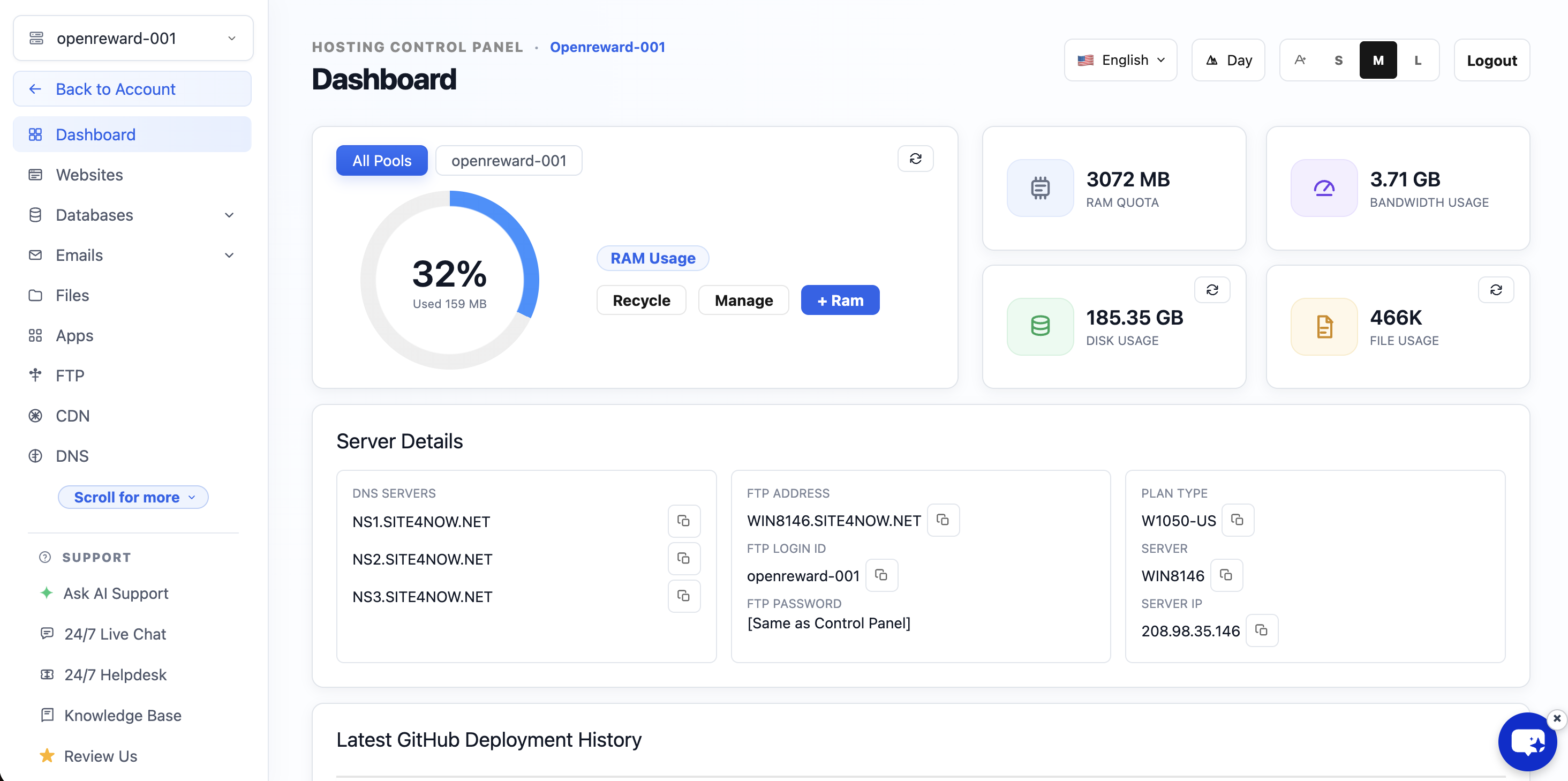 SmarterASP.NET Hosting Control Panel dashboard