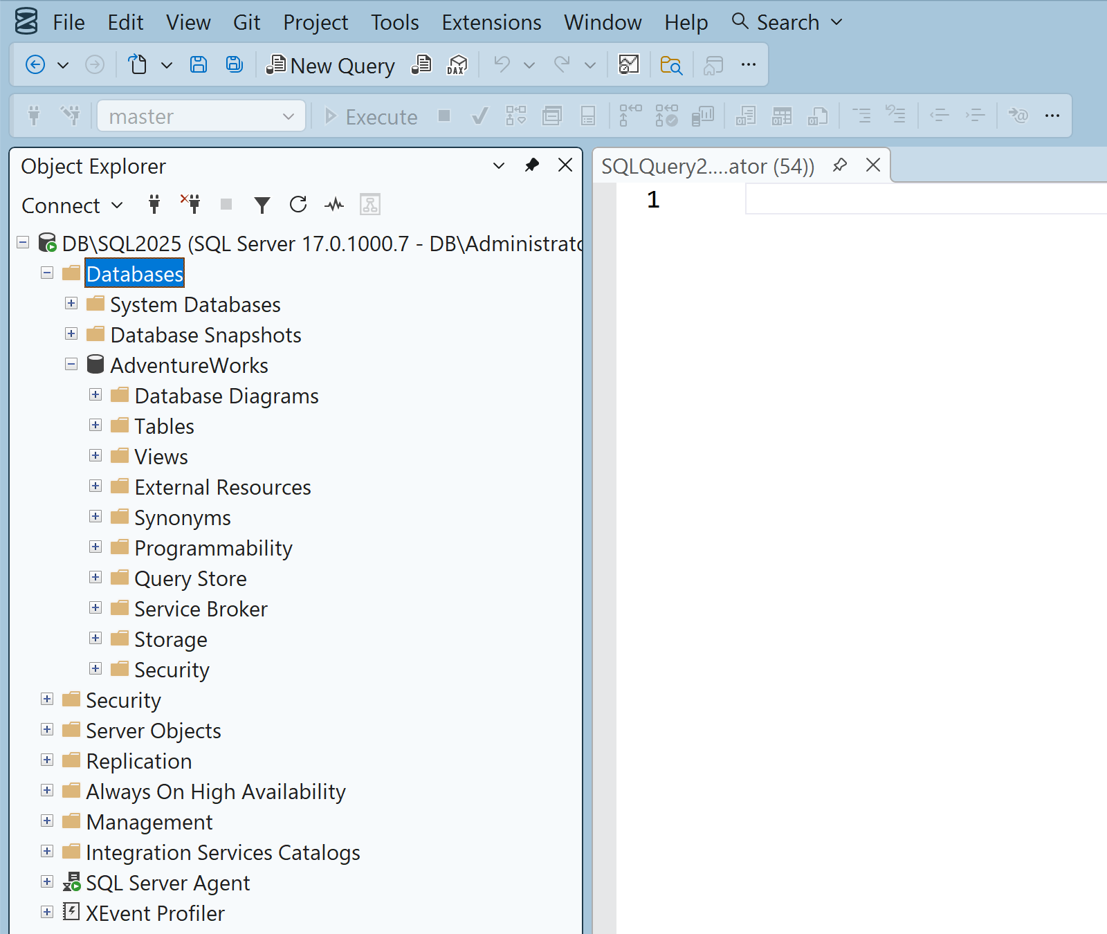 SQL Server Management Studio displaying SQL Server 2025 in Object Explorer