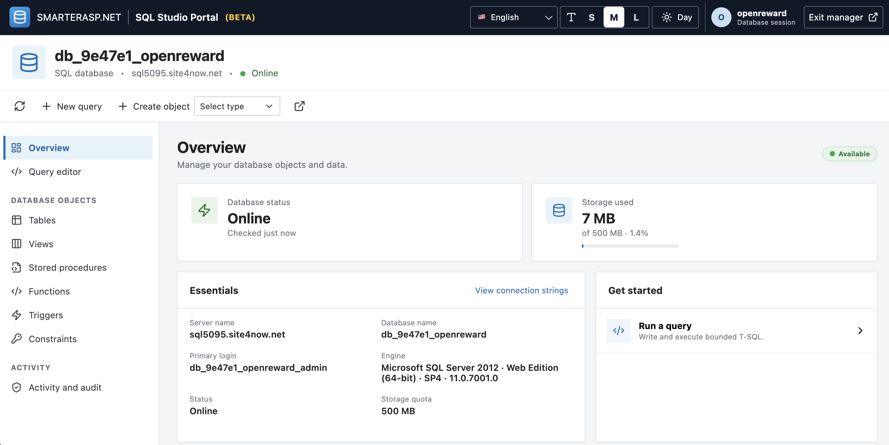 SmarterASP.NET SQL Studio Portal