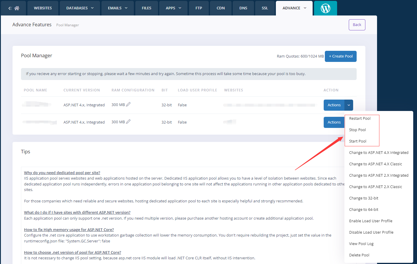 How to recycle application pool?