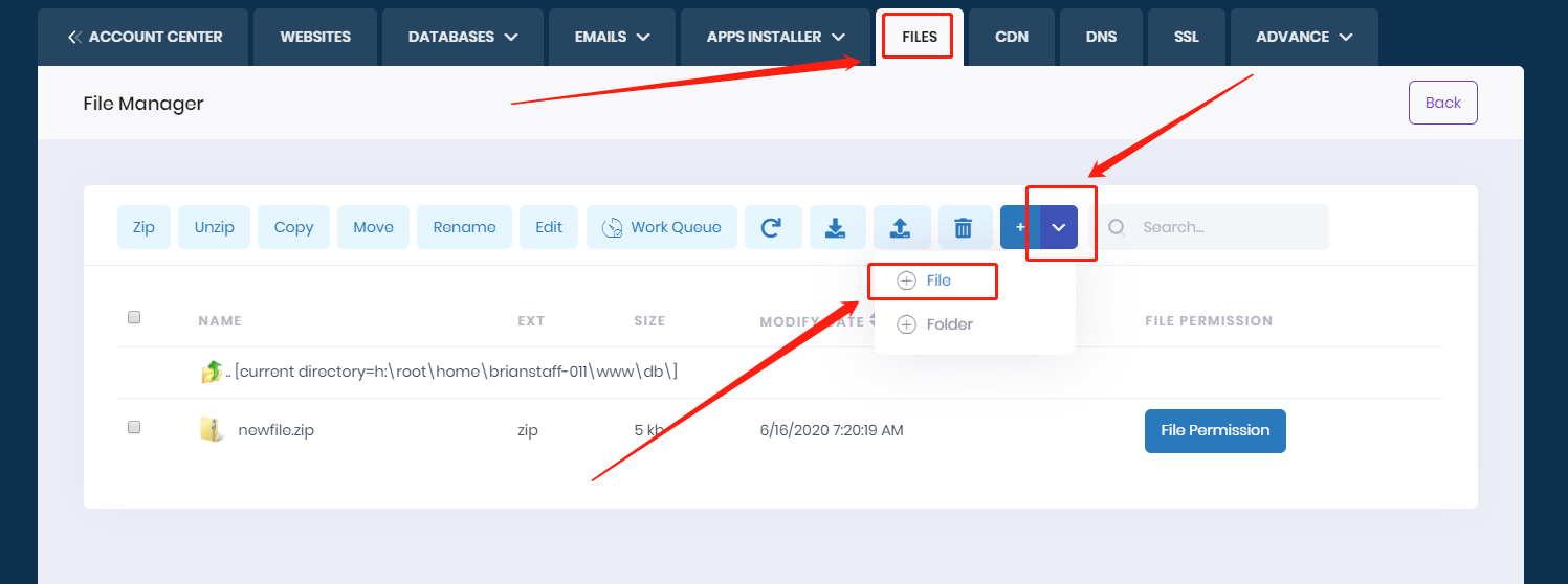 How can I create a new file online with File Manager from control panel