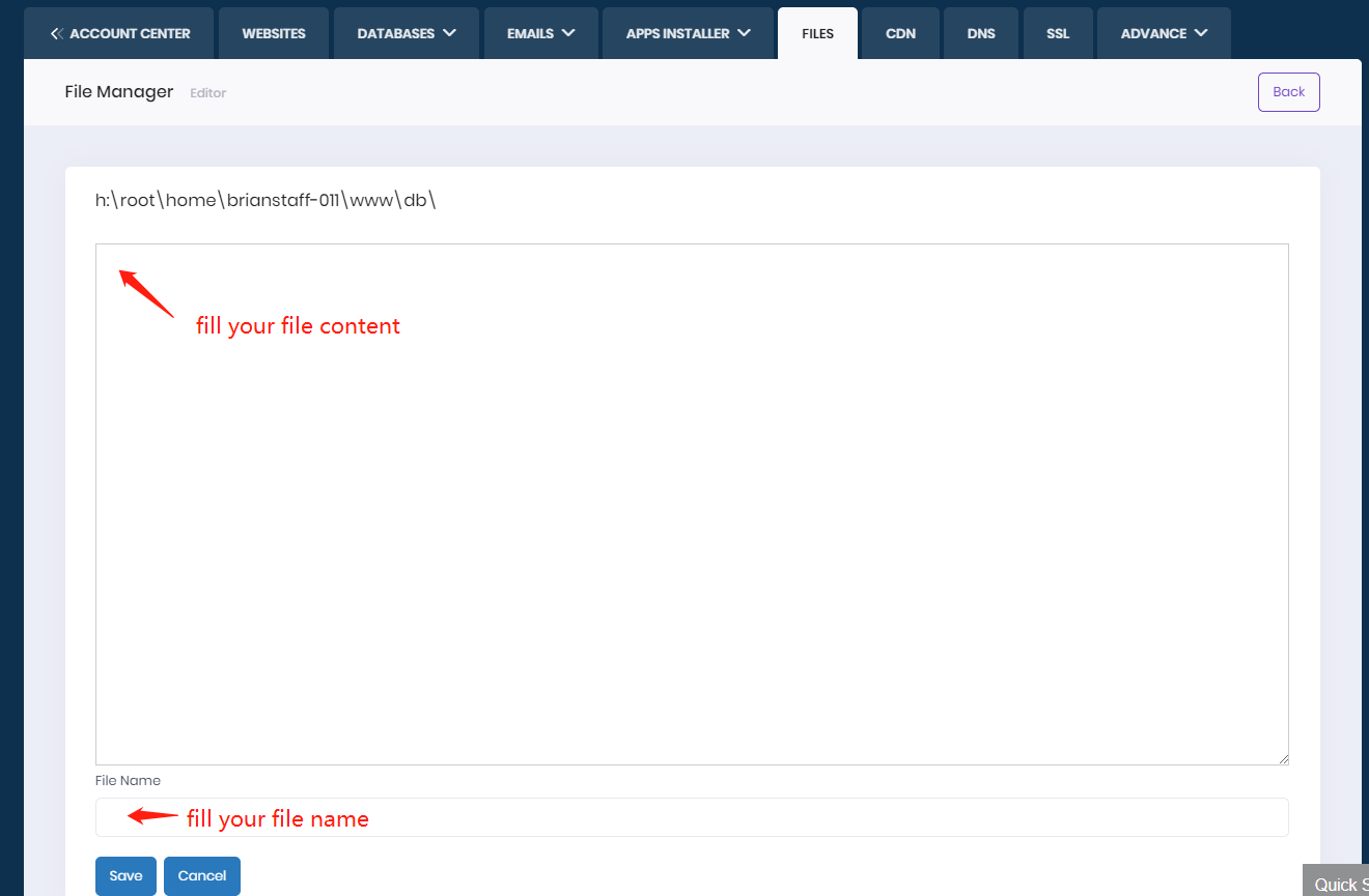 How can I create a new file online with File Manager from control panel