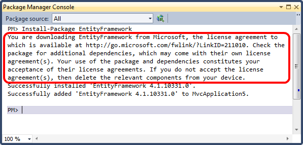 visual studio package manager console switch